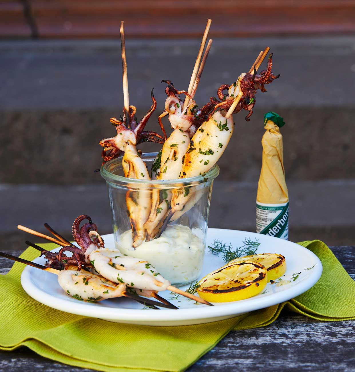 Grilled calamaretti skewers with limegarlic mayonnaise Underberg English